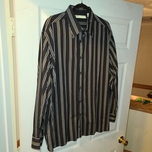 Perry Ellis Black and Cream Striped Men's Dress Shirt Size XL